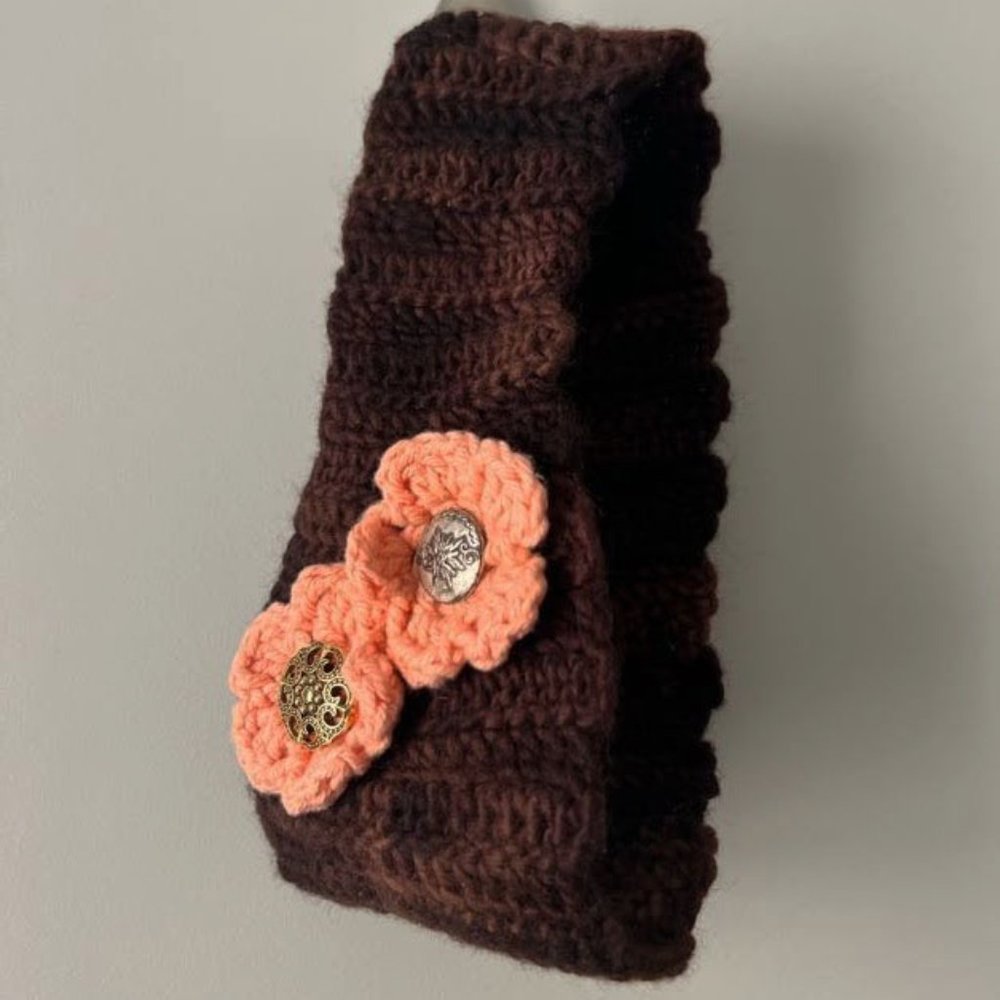 Crocheted Ear Warmer Headband Wide | Women's Wool Soft Flower Button Brown Pink